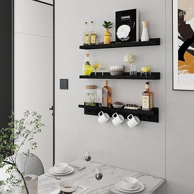 MBYD Solid Wood Black Floating Shelves for Entryway, 24 Inch Wall Shelf with Hooks & Wooden Pegs, Modern Versatile Picture Ledge to Organize Living Room, Bedroom, Declutter Items & Hang Keys, Bags