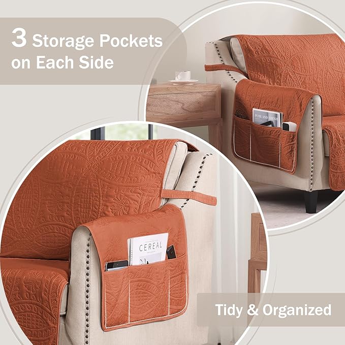 Orange Quilted Recliner Covers, Waterproof Recliner Chair Covers, Lazy Boy Chair Covers, Pet Friendly Recliner Slipcover for Dogs, Washable Sofa Couch Cover (Recliner 22", Burnt Orange)