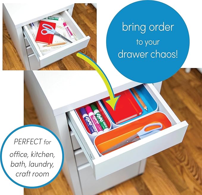 Three by Three Seattle 6 Piece Shallow Metal Organizer Tray Set for Storing Makeup, Stationery, Utensils, and More in Office Desk, Kitchen and Bathroom Drawers (1 Inch, Gold and White)