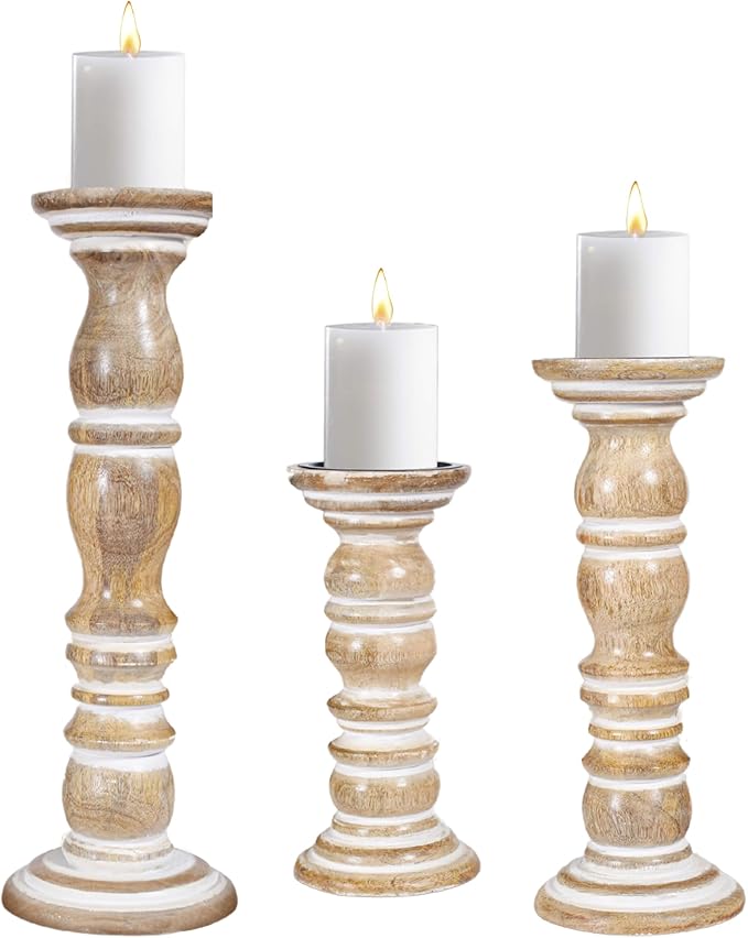 Wooden Candle Holder Set of 3 - Handcrafted Pillar Candle Stand (15", 12", 9") - Rustic Mango Wood Decorative Candle Holders for Home, Living Room, and Dining Table - Distress White
