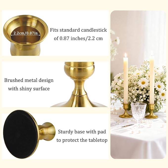 4PCS Brass Gold Candlestick Holders Set, Small Decorative Candle Holders for Taper Candles, Vintage Metal Candlestick Holders for Dinning Table Mantel Home Wedding Party Decor
