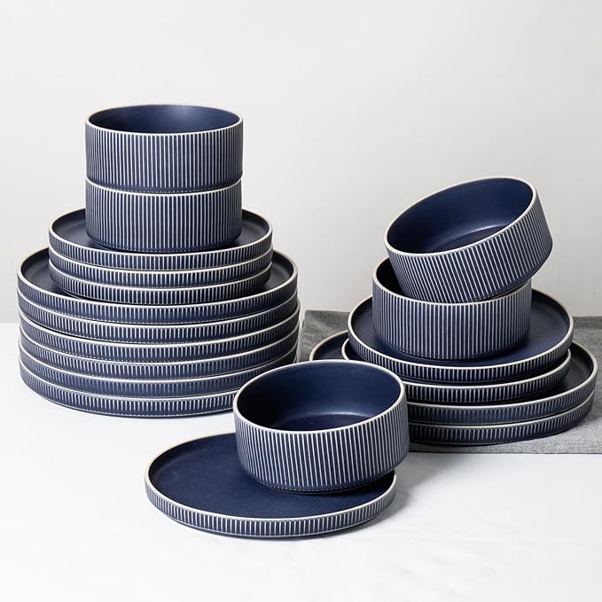 Dinnerware Set Service for 8, 24-Piece Ceramic Plates and Bowls Set, Chip & Scratch Resistant, Microwave and Dishwasher Safe, Modern Minimalist Tableware for Everyday Use, Matte Blue