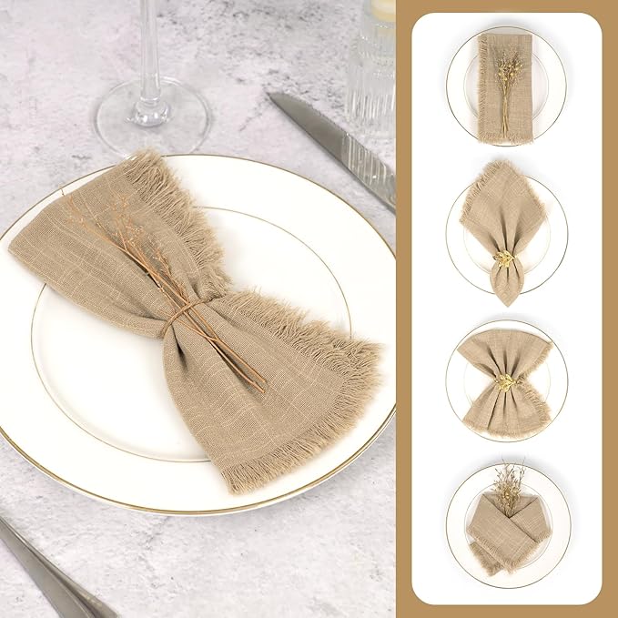 30 Packs Caramel Napkins 16x16 Inch, Cotton Linen Handmade Cloth Napkins Bulk with Fringe - Soft Rustic Boho Napkins for Wedding, Party, Christmas Event Dinner Birthday Table Decor