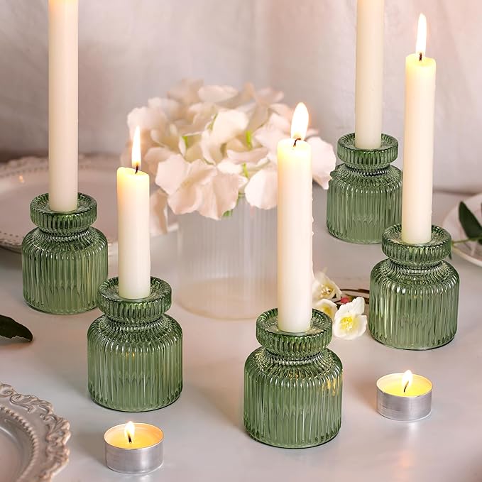 DARJEN 6 Pcs Green Candlestick Holders - Glass Taper Candle Holders Tealight Votive Candle Holders for Table Centerpieces, Wedding, Dinner Party, Home, Gifts (Pack of 2)