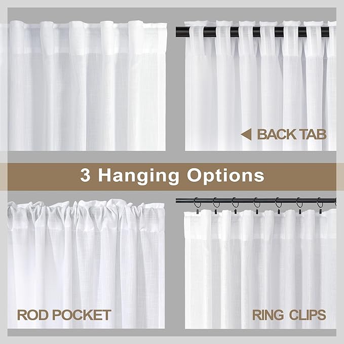 Solid White Curtains 96 Inches Long for Living Room 2 Panel Set Back Tab Pocket Opaque Draperies Semi Sheer Linen Light Filtering Curtain for Bedroom Floor Length Crisp Vintage Beach Country Chic 8 FT