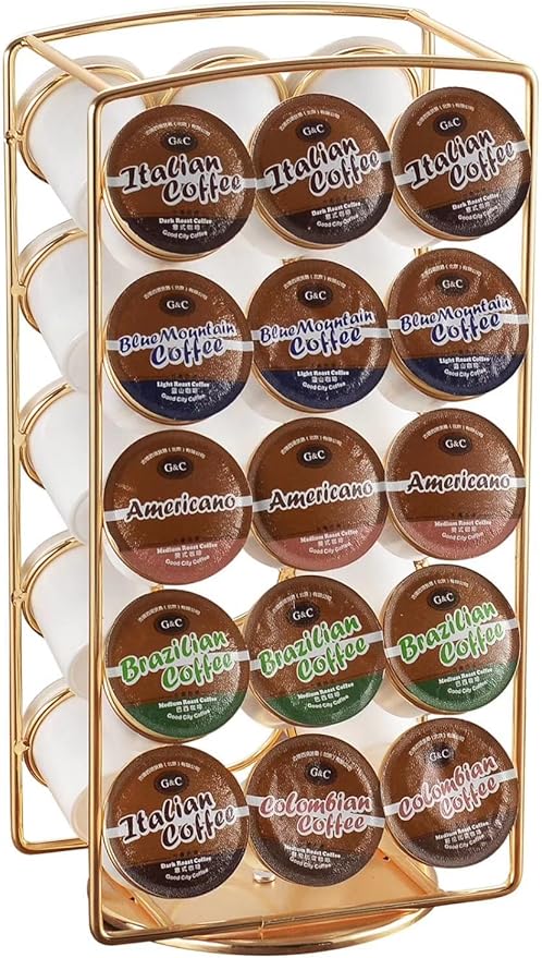 Alessia Cara Tabletop K Cup Holder, Coffee Pod Stand Holder, K-Cups Capsule Storage Rack for 30 pods, 360 degrees rotatable, No Assembly Required, Gold