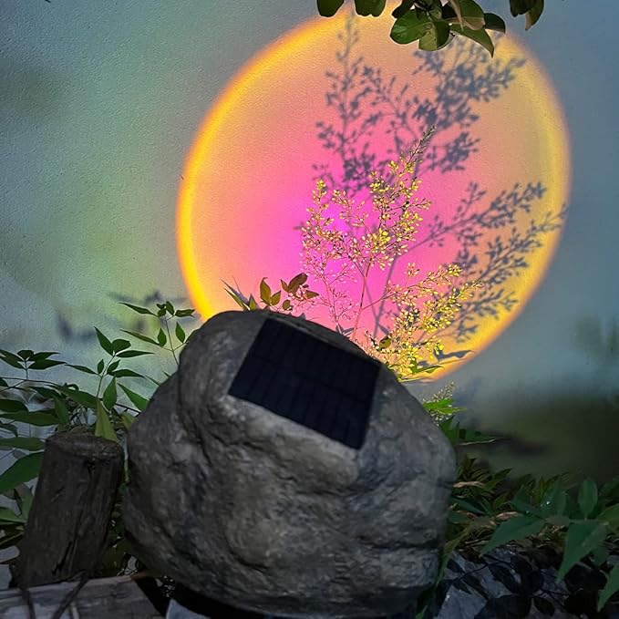 GOODFOEVER Solar Rock Lights (2pcs) Sunset Projection Lights Atmosphere Night Light Solar Powered Garden Lights Outdoor Decorative Waterproof LED Spotlight for Pathway, Walkway, Yard, Patio