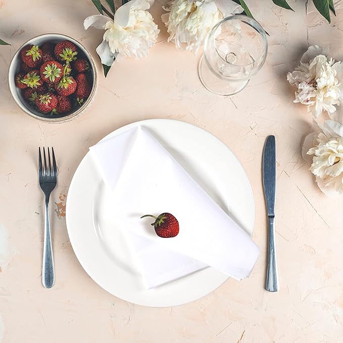 Ramanta Home Set of 12 Polyester Cloth Napkins 18x18 Inches - Washable Dinner Napkins with Hemmed Edges for Weddings, Thanksgiving, Hotel - Soft Durable Table Linen for Parties or Everyday Use - White