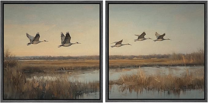 SIGNFORD Framed Canvas Print Wall Art Set Flying Cranes Over Marsh Nature Bird Landscape Illustrations Modern Art Minimal Relax/Calm for Living Room, Bedroom, Office - 16"x16"x2 Black