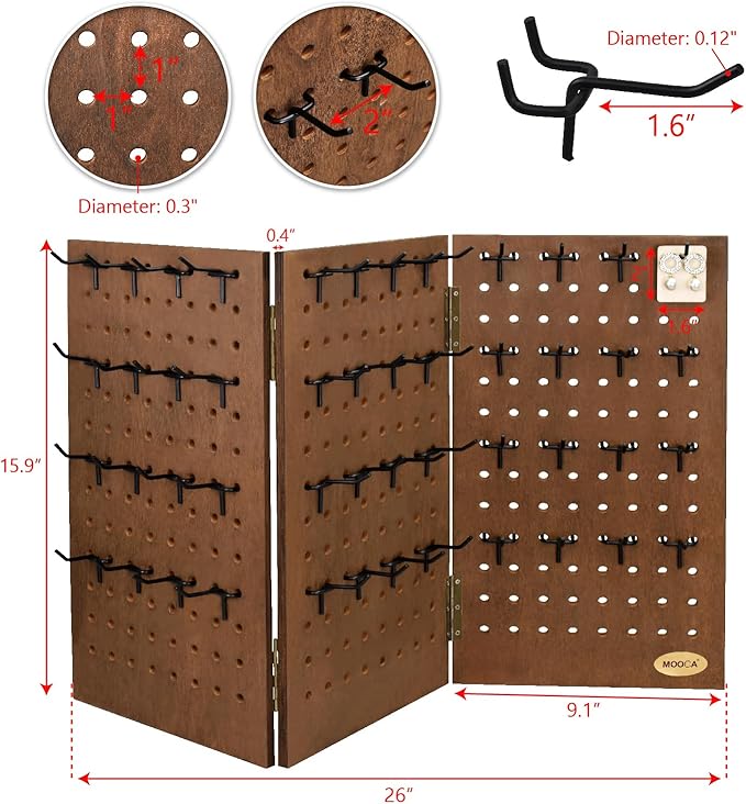 MOOCA Wall-Mountable Wooden Foldable 3-Panel Pegboard Jewelry Display Organizer with 48 Removable Black Hooks, Vertical or Horizontal Display, Ideal for Travel, Brown Color