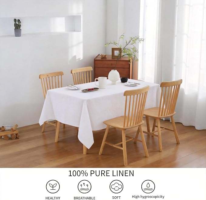 100% French Flax Linen Tablecloths Rectangle 144Lx60W Inch for Dinners, Parties, Easter, Halloween, Camping, Machine Washable, 12-14 Sets (60''x144'', White)