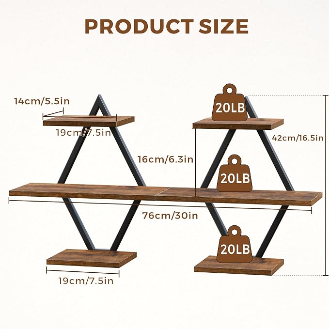 Floating Shelves, Wall Shelf Set of 2, Wall Mounted Shelves, 3-Tier Hanging Wall Shelves for Bathroom, Living Room, Bedroom, Kitchen, Office (Rustic Brown)