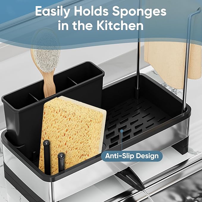 VUSIGN Sponge Holder for Kitchen Sink, Sink Caddy Organizer with Brush Holder, Rustproof Stainless, Self-Draining Sink Organizer for Countertop, Sponges, Brushes, Kitchen Decor and Accessories, Black