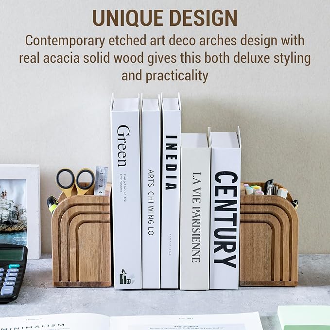 MyGift Premium Acacia Solid Wood Bookends and Pencil Holders with Modern Etched Arch Design, Office Desk Book Ends with Natural Wooden Art Deco Pen Cups, 1 Pair