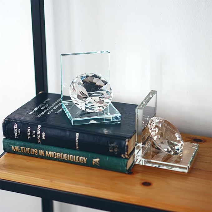1 Pair Crystal Bookends with 80mm Clear Diamond, L Shaped Heavy Duty Book End for Shelves Non Skid Bookends Book Stopper, 4inch