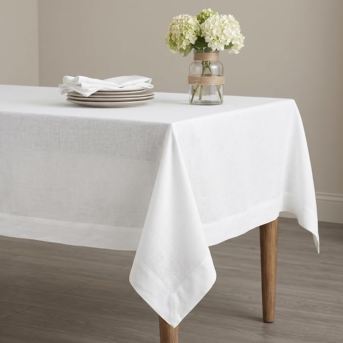 Solino Home White Linen Tablecloth 60 x 84 Inch - 100% Pure Linen Table Cloth for Rectangle Tables - Fete, Machine Washable Tablecloth for Summer, 4th of July