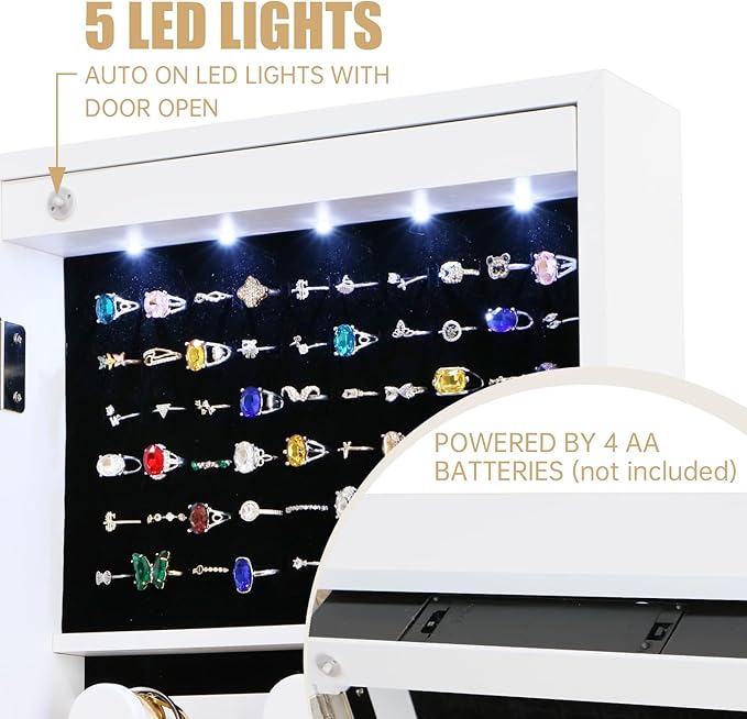 Full Length Mirror Jewelry Cabinet Organizer Lockable Door Wall-Mounted Jewelry Armoire with Shelves and Behind-the-Door Storage - White