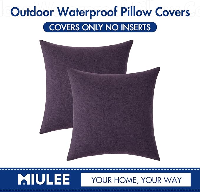 MIULEE Pack of 2 Decorative Outdoor Solid Waterproof Throw Pillow Covers Faux Linen Garden Farmhouse Cushion Cases for Patio Tent Balcony Couch Sofa 18x18 Inch Purple