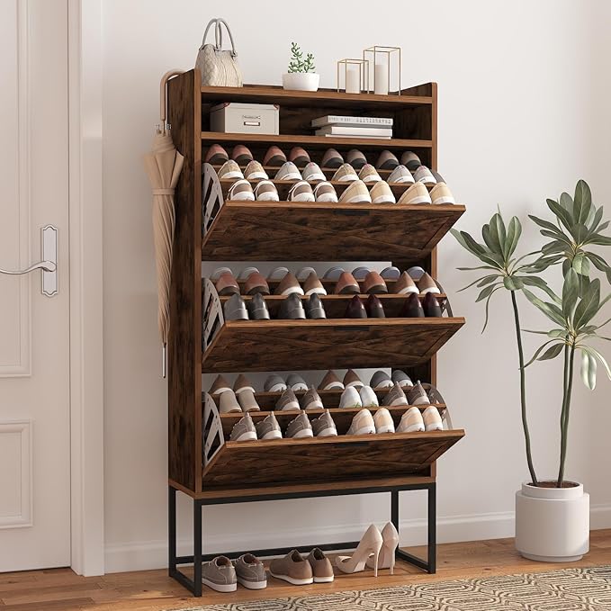 Shoe Storage Cabinet for Entryway, 3 Layers Shoe Cabinet with 3 Flip Drawers, Metal Legs Shoe Organizer Cabinet, Adjustable Shoe Rack Cabinet for Entryway