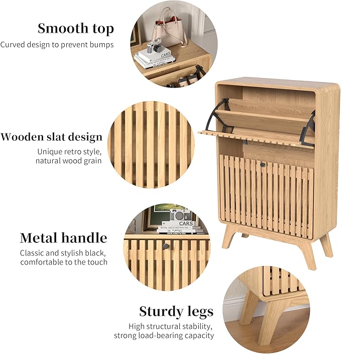Jluomei Narrow Shoe Cabinet Storage for Entryway, Modern Cabinet Rack with 2 Flip Drawers, Slim Wood Fluted Entry Way Shoe Organizer, Wooden, Small, Farmhouse, Freestanding, Natural Oak (39.4 Inch)