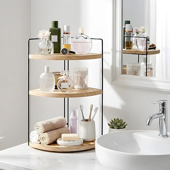 Corner Bathroom Counter Organizer Countertop Brown, 2 Pack 3 Tier Corner Shelf Wood Vanity Tray Easy Assembly Space Saving Shelf for Kitchen, Bathroom, Dresser, Makeup, Office