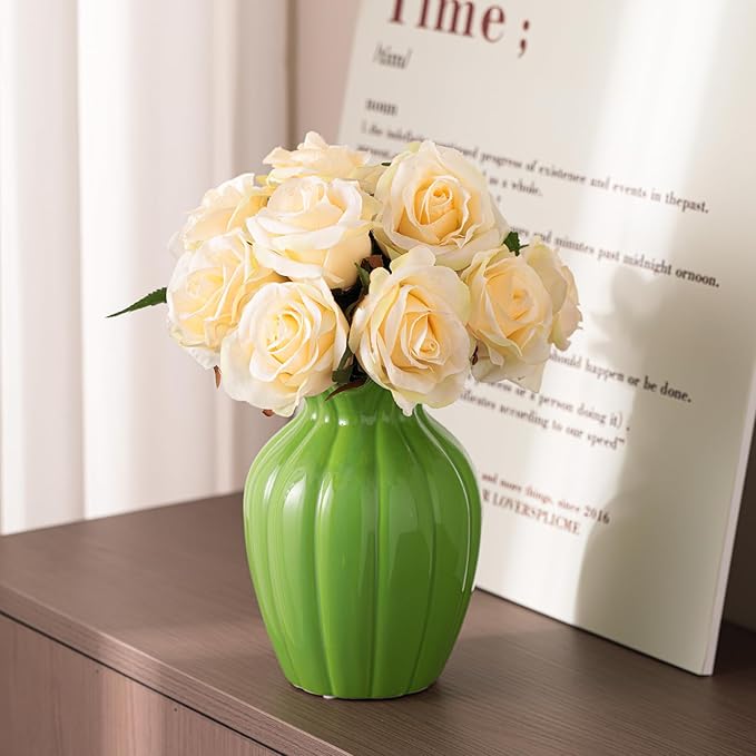 Seasonplan White Ceramic Vase, 8 Inch Flower Vase Home Decor Modern Decorative Vases for Bouquet, Unique Vases for Farmhouse Living Room Cabinet Table Centerpieces Wedding Decorations (Green)