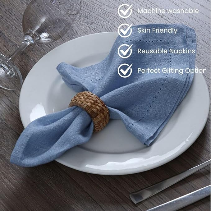 100% Linen Hemstitch Cloth Dinner Napkins - Soft Durable Washable - Ideal for Farmhouse Parties Wedding Christmas - Perfect Everyday Use Set of 4 Table Cloth Napkins 18x18 Light Blue