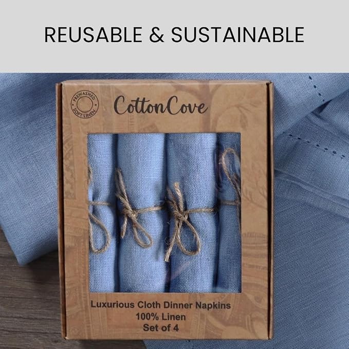 100% Linen Hemstitch Cloth Dinner Napkins - Soft Durable Washable - Ideal for Farmhouse Parties Wedding Christmas - Perfect Everyday Use Set of 4 Table Cloth Napkins 18x18 Light Blue