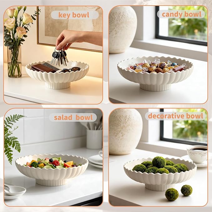 Large Decorative Bowl, 10.6-Inch Handmade Modern Ceramic Centerpiece Bowl with Scalloped Edge, Perfect as Fruit Bowl, Key & Jewelry Catchall, Candy Bowl for Home, Kitchen, Entryway Table Decor
