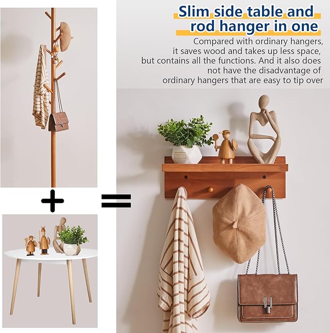 Aibiju Wall Mounted Hook with Shelf,15.75in Entryway Wall Hanging Shelf, Solid Wood Coat Hooks, for Bathroom, Kitchen, Cherry Wood Color YD-WS0240C