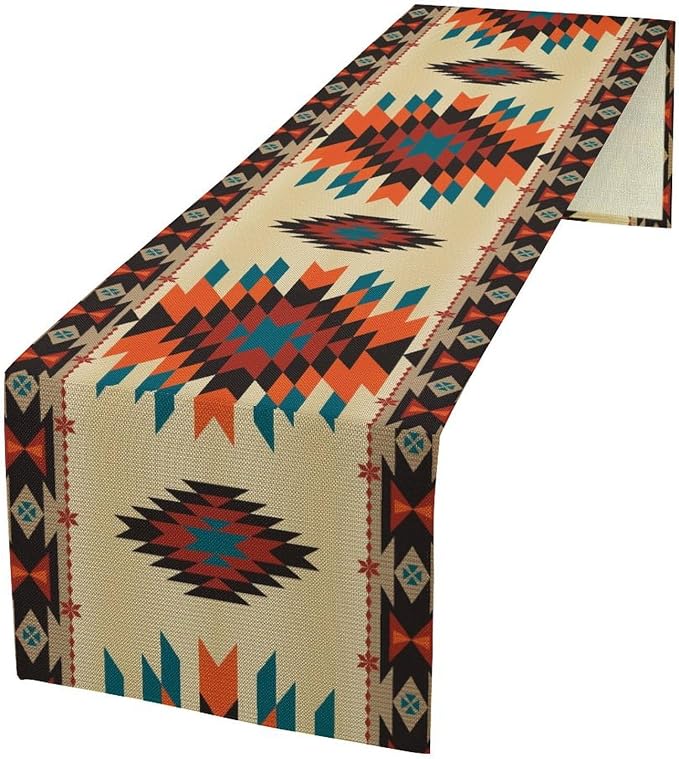 Aztec Southwest Retro Table Runner Vintage Geometry Triditional Ethnic Style Garden Farmhouse Dining Table Decoration for Living Room Kitchen 13x36in