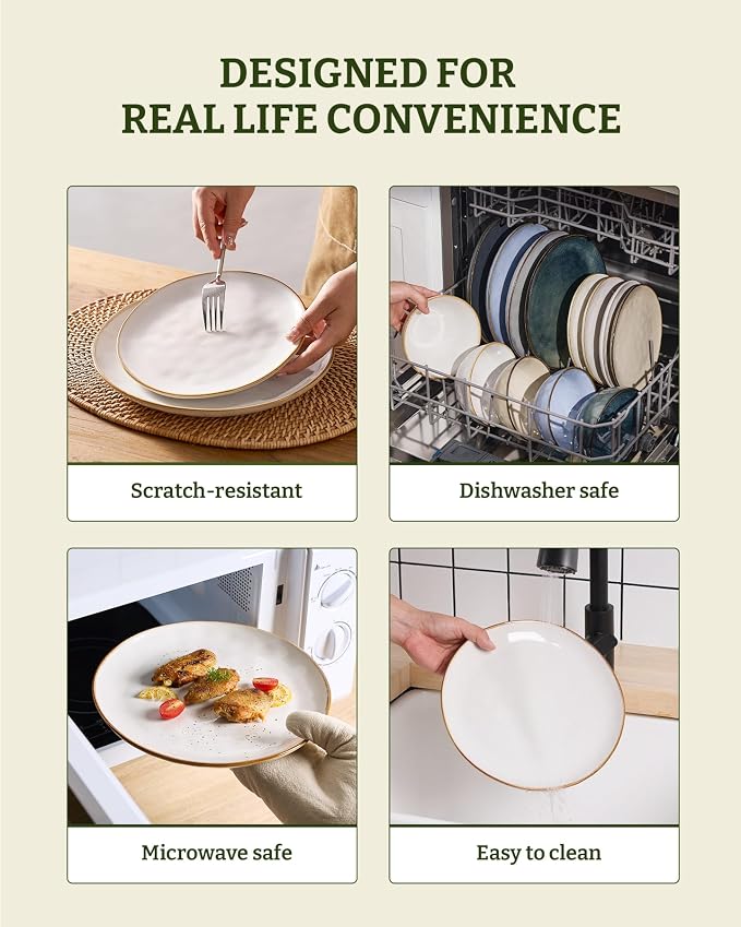 Famiware Dinnerware Sets for 8, Ocean Round 24-Piece Kitchen Plates and Bowls Sets, Reactive Glaze, Microwave and Dishwasher Safe, Scratch Resistant, Cappuccino White