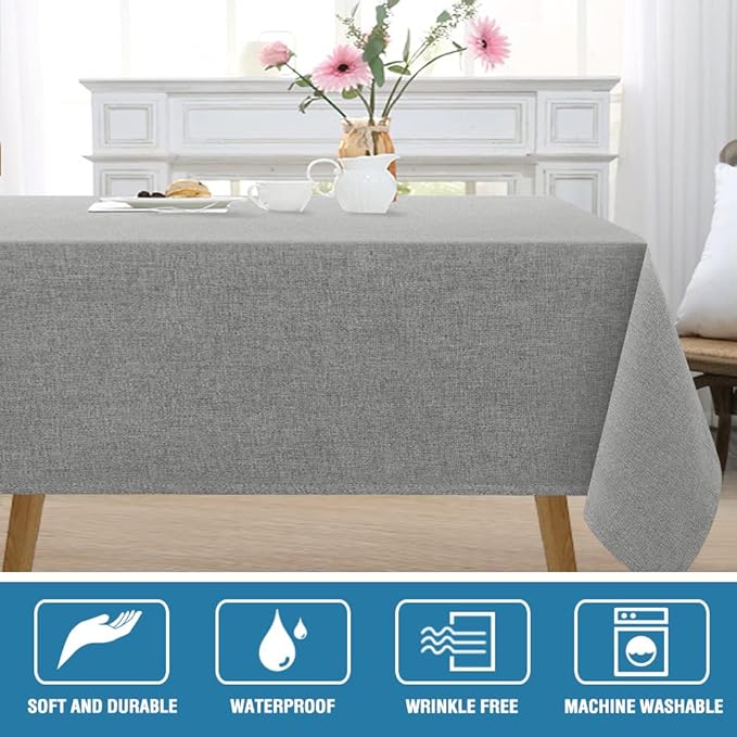 H.VERSAILTEX Linen Textured Tablecloth 60 x 84 Waterproof Decorative Table Cloth Spill-Proof Linen Look Cover for Party Table Extra Soft and Thick Fabric Wrinkle Free, Heather Gray
