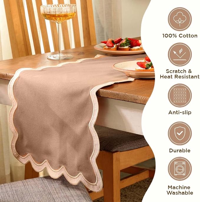 Folkulture Table Runners | Fall Table Runner 108 inches Long | Scallop Table Runner for Fall Decor or Boho Decor | Brown Table Runners for Dining Room | Thanksgiving Decorations for Home