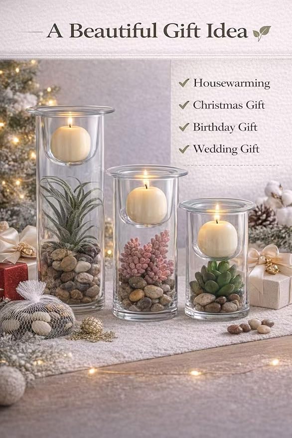 KMwares Glass Cylinder Candle Holders Set of 3 with Artificial Succulent and Decorative Stones, Hurricane Candle Holder Centerpiece for Table, Wedding, Bathroom and Home Decor (Candles Not Included)