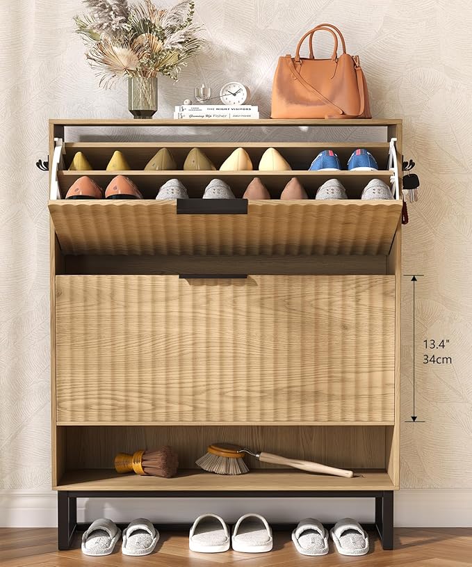 Akxomel 31.5" W Fluted Shoe Storage Cabinet, Narrow Hidden Shoe Rack Cabinet with Metal Legs, Narrow Shoe Organizer, 2 Flip Drawers, for Entryway, Hallway, Living Room, Natural Oak