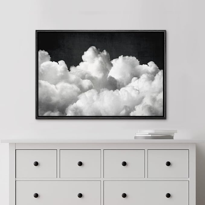 MUDECOR Framed Canvas Print Wall Art Black & White Cloud Bold Contrast Illustrations Digital Art Decorative Bohemian Contemporary for Bedroom - 24"x36" Black