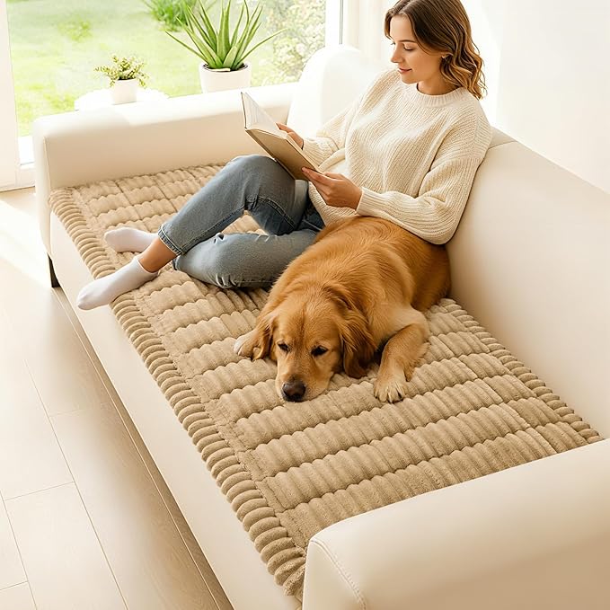 hyha Couch Cover for Dogs Washable, Non Slip Thick Flannel Sofa Protector, Pet Friendly Plush Furniture Cover for Sectional Sofa & Loveseat (Camel, 35.4" x 70.9")