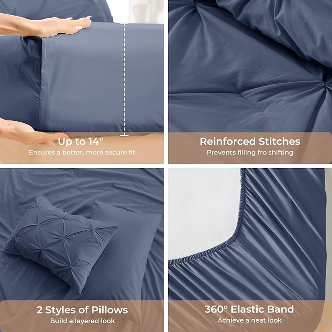 Sasttie California King Comforter Set, 7-Piece Bed in a Bag Cal King, Pintuck Bedding Set for All Season, Includes Comforter, Flat Sheet, Fitted Sheet, Pillowcases and Pillowshams, Indigo Blue