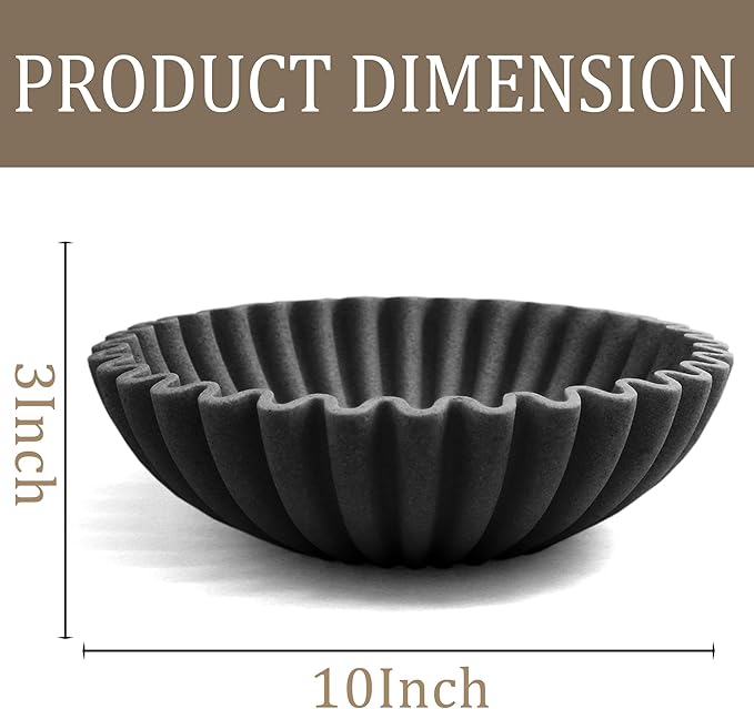 LIN CHUAN Ruffle Decorative Bowl, Large Fruit Bowl for Kitchen Counter, Stylish Key Bowl for Entry Table, Handcrafted Home Decor Display bowl, Artificial Stone Black