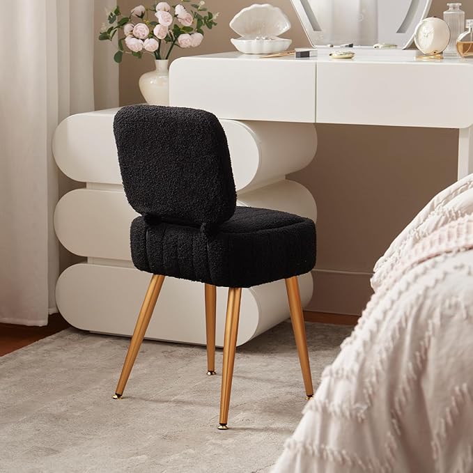 Updated Vanity Chair, Storage Ottoman with Folding Back & Gold-Toned Metal Legs, Ottoman Seat with Teddy Velvet for Dressing Room Living Room Bedroom, 15" x 12" Inch