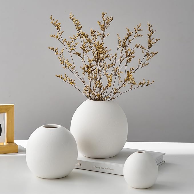 Ceramic Vase Set of 3 for Modern Home Decor, Boho Vase White Round Vase Minimalist Decorative Vase for Table Centerpiece Wedding Dining Living Room Office Entryway Coffee Table Decor