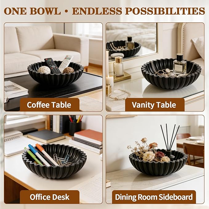 Decorative Bowl With Beads for Home Decor - Large Decorative Fruit Bowls for Candy - Scalloped Ruffle Centerpiece key Bowl - Morden Round 10" Aesthetic Coffee Entry Table Decor (Black)