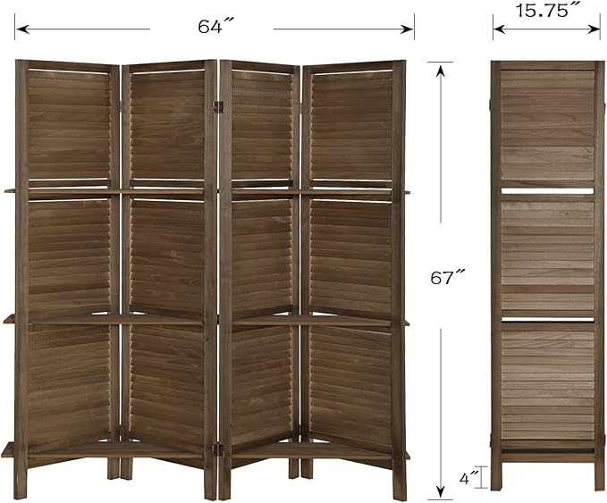 4 Panel Room Divider with Shelves, Room Dividers and Folding Privacy Screens, Wall Divider for Room Separation, Wood Room Divider, Dark Brown