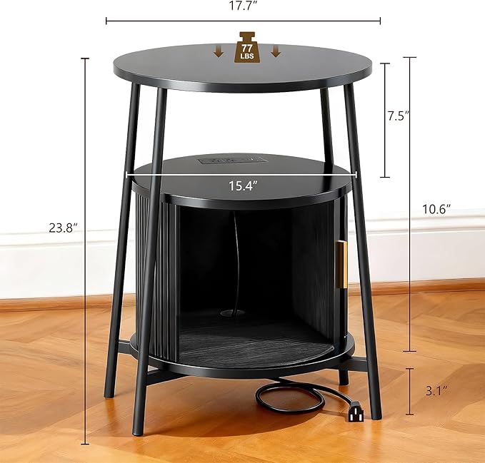 DHH Round End Tables Set of 2 & Charging Station, Fluted Accent Side Table with Sliding Door, Mid-Century Modern Nightstand Set of 2 for Small Space Storage, Living Room, Bedroom,Sofa Couch(2, Black)