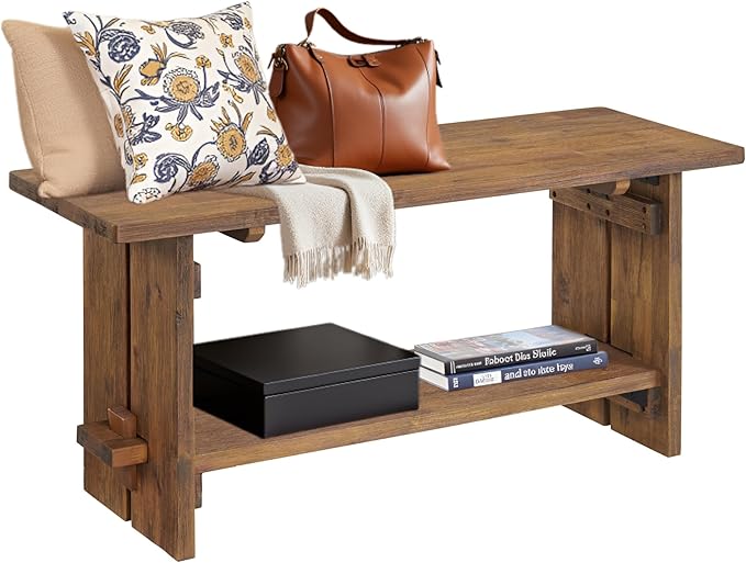 Alaterre Furniture Bethel Entryway Bench with Storage Shelf – Rustic Farmhouse 40-Inch Solid Acacia Wood Seat for Mudroom, Foyer or Hallway (Natural Aged Brown)