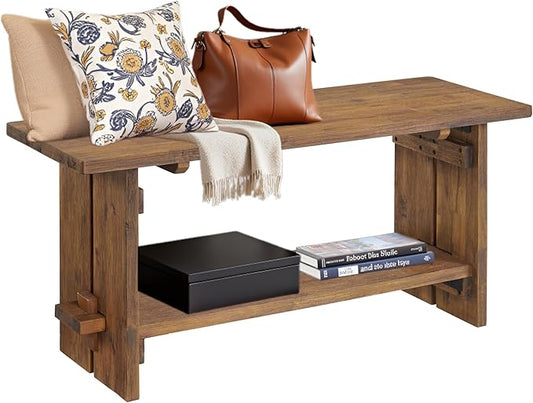 Alaterre Furniture Bethel Entryway Bench with Storage Shelf – Rustic Farmhouse 40-Inch Solid Acacia Wood Seat for Mudroom, Foyer or Hallway (Natural Aged Brown)