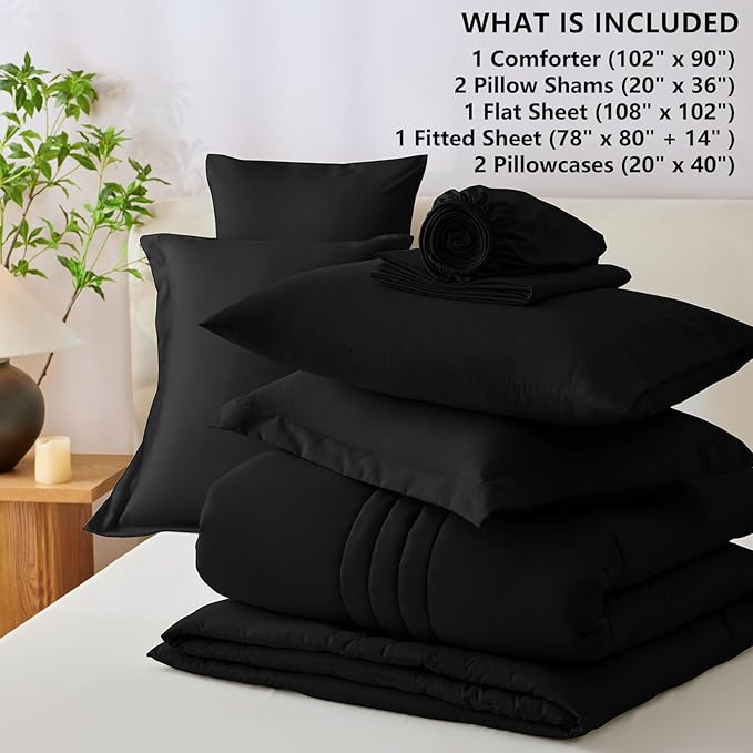 CozyLux King Size Comforter Sets - 7 Piece Bed in a Bag Black Comforter Set with Sheets Luxury Bed Set All Seasons, Soft Bedding Set with Down Alternative Comforter, Sheets, Pillowcases & Shams
