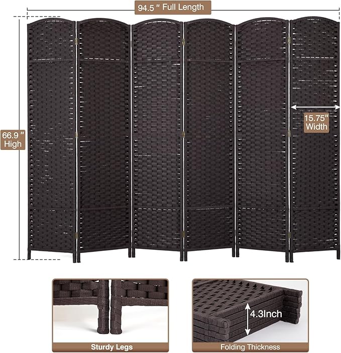 Room Divider 6 Panel 5.6 FT Tall Privacy Screen Waterproof Wood Frame Partition Room Dividers and Folding Privacy Screens Freestanding Wall Divider Indoor and Outdoor for Portable Room Separation