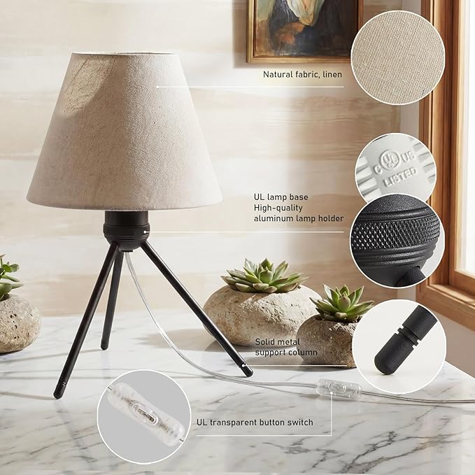 Modern Table Lamp Small Bedside Lamp Metal Linen 13.8 Inches, Soft Light (3000K), Simple Style Design, Button Switch, Suitable for Nightstand Bedroom Lamp, Study and Dormitory (Sand Black)